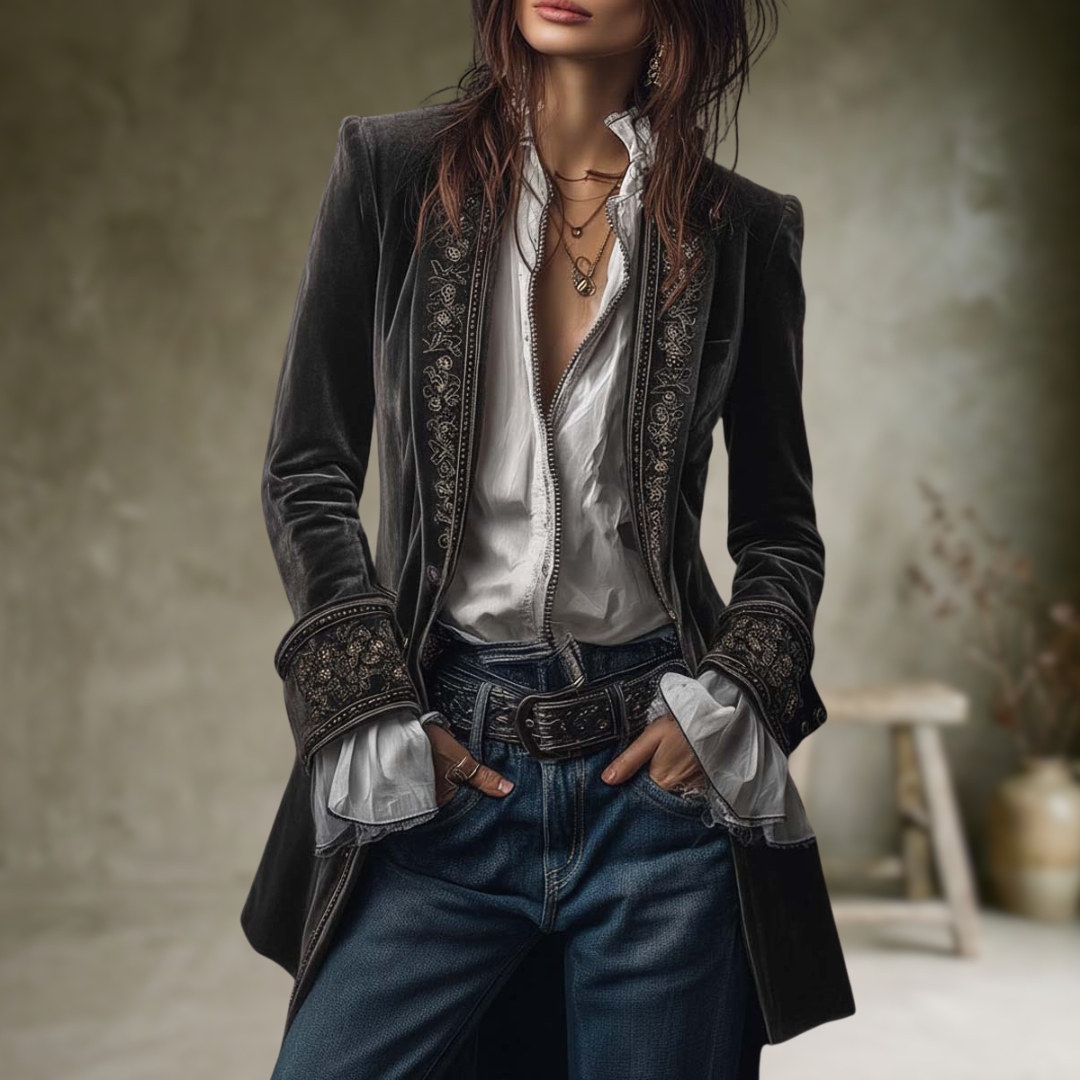 Federica | Vintage Long Velvet Jacket Federica – Elegant Embroidery