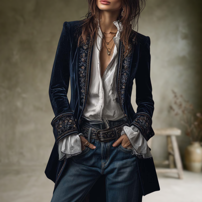 Federica | Vintage Long Velvet Jacket Federica – Elegant Embroidery