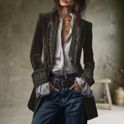 Federica | Vintage Long Velvet Jacket Federica – Elegant Embroidery