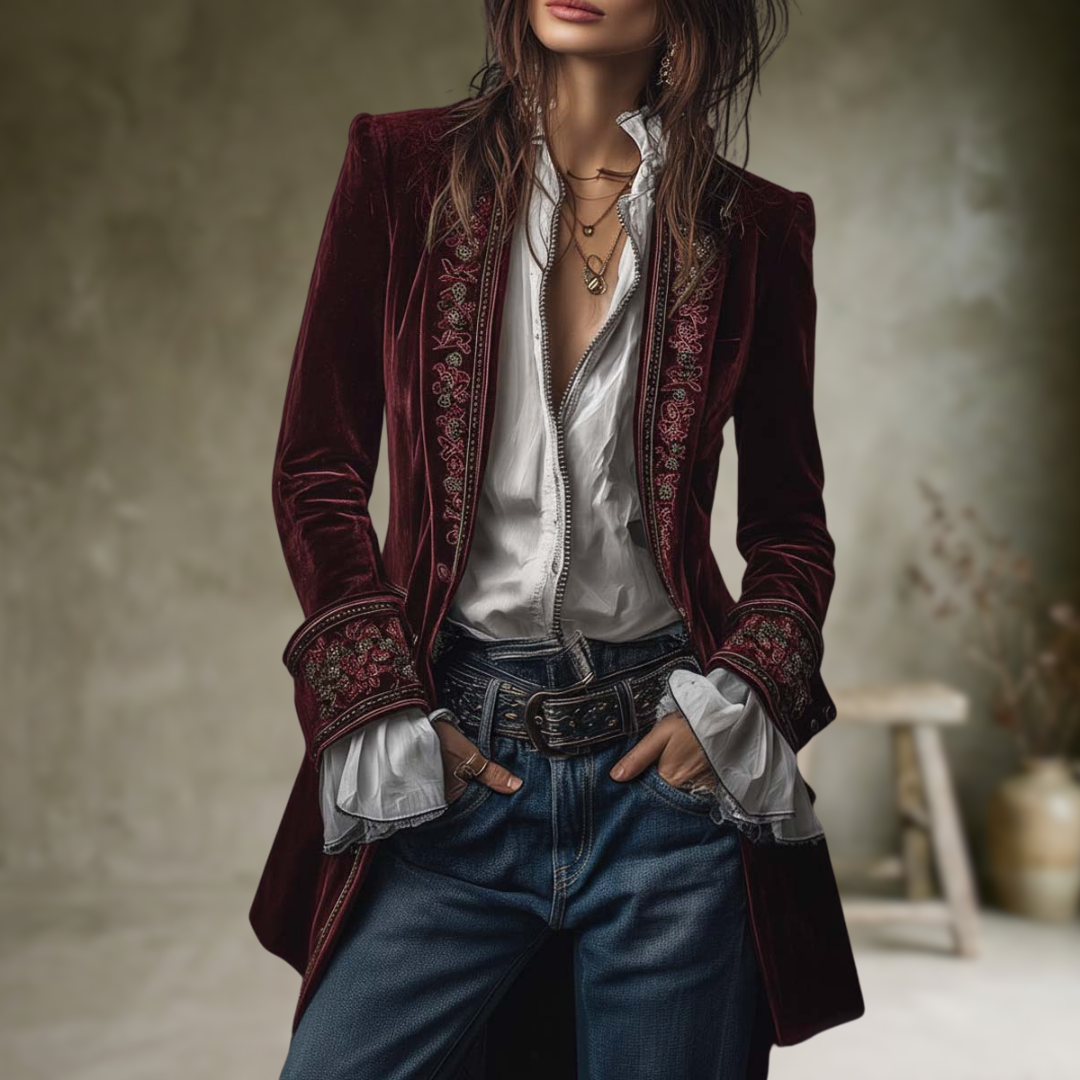 Federica | Vintage Long Velvet Jacket Federica – Elegant Embroidery