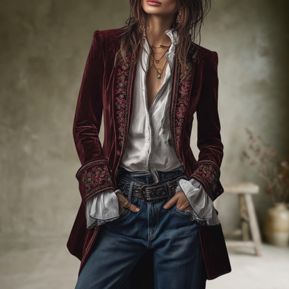Federica | Vintage Long Velvet Jacket Federica – Elegant Embroidery