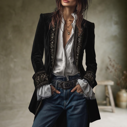 Federica | Vintage Long Velvet Jacket Federica – Elegant Embroidery