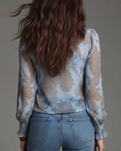 Demi-Zip Ruffled Retro Blouse