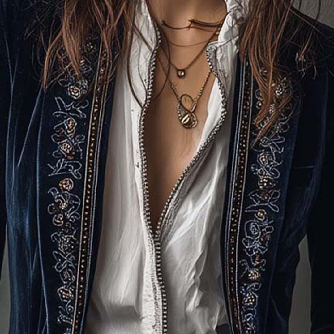 Federica | Vintage Long Velvet Jacket Federica – Elegant Embroidery