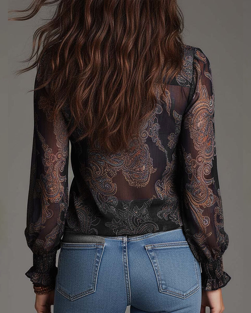 Demi-Zip Ruffled Retro Blouse