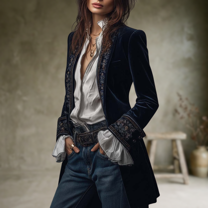 Federica | Vintage Long Velvet Jacket Federica – Elegant Embroidery