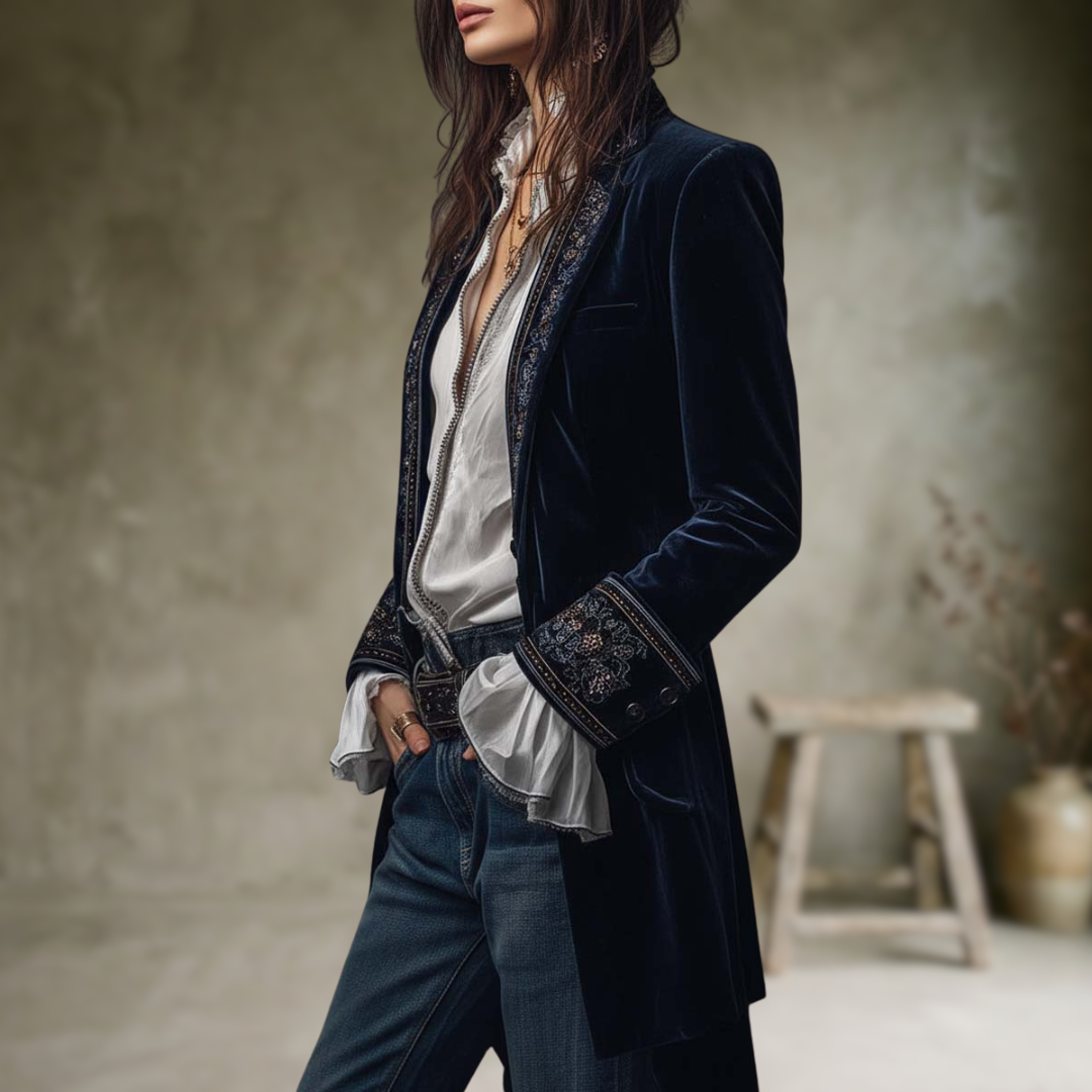 Federica | Vintage Long Velvet Jacket Federica – Elegant Embroidery