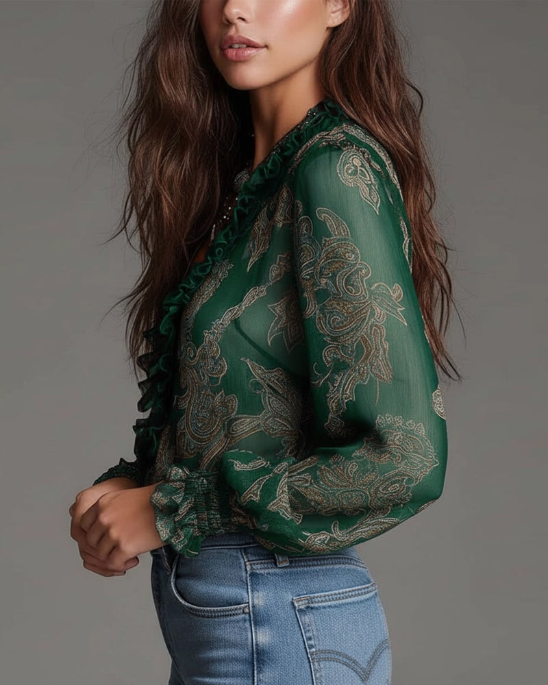 Demi-Zip Ruffled Retro Blouse