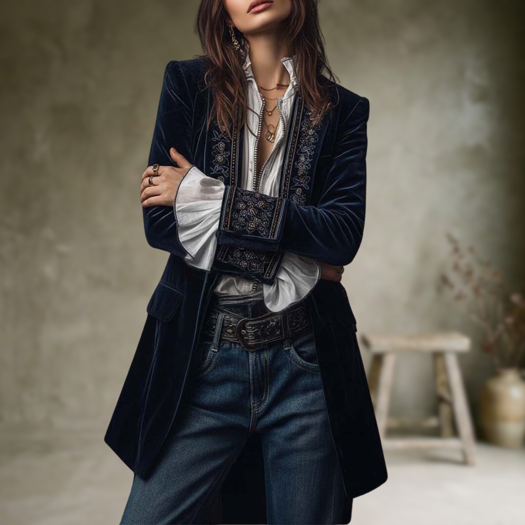 Federica | Vintage Long Velvet Jacket Federica – Elegant Embroidery