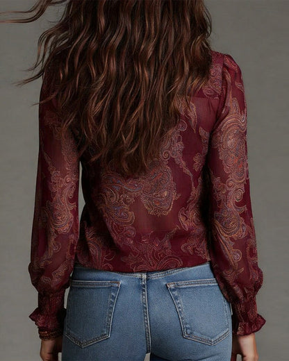 Demi-Zip Ruffled Retro Blouse