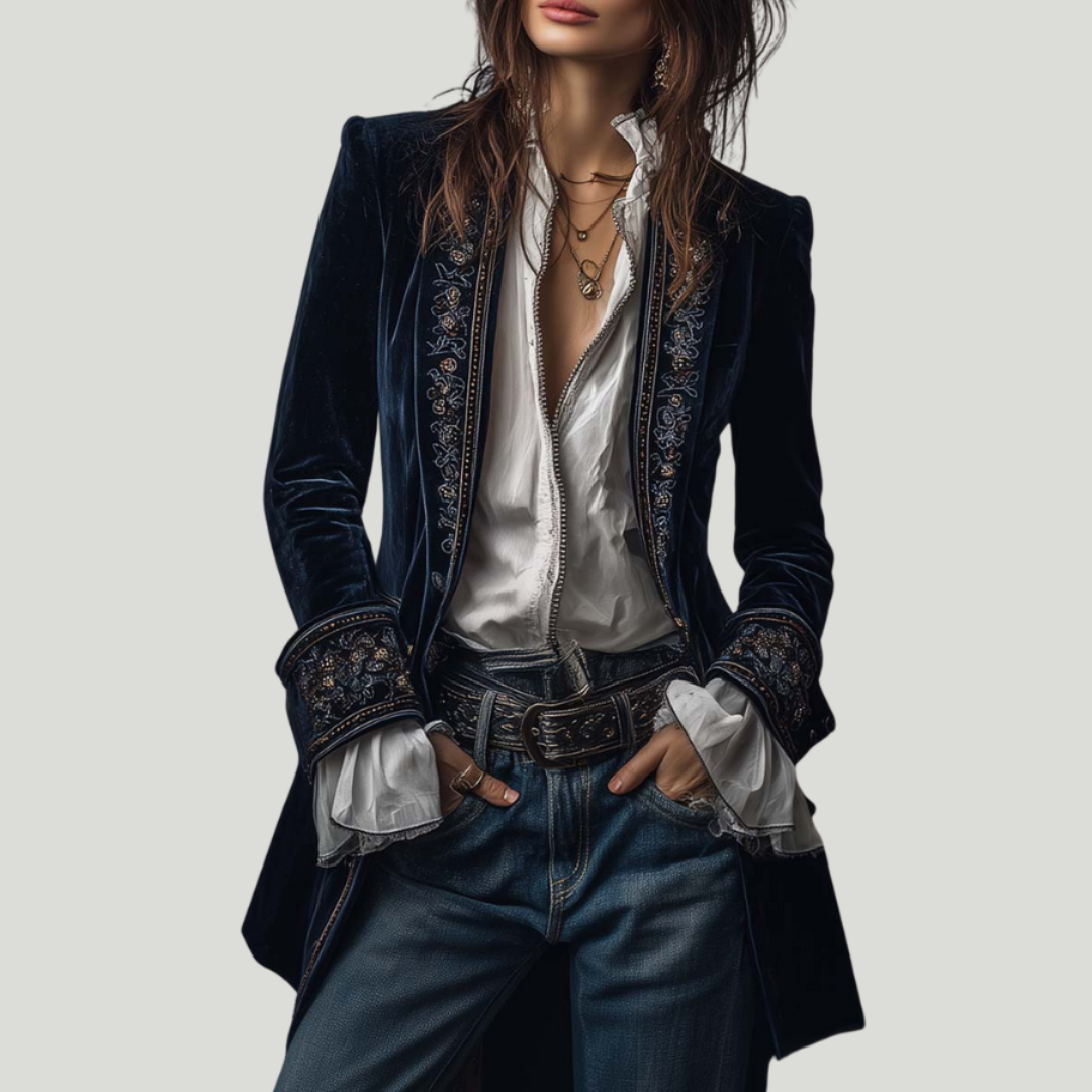 Federica | Vintage Long Velvet Jacket Federica – Elegant Embroidery
