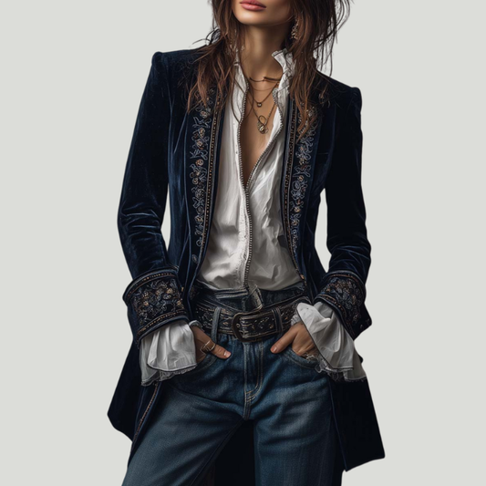 Federica | Vintage Long Velvet Jacket Federica – Elegant Embroidery