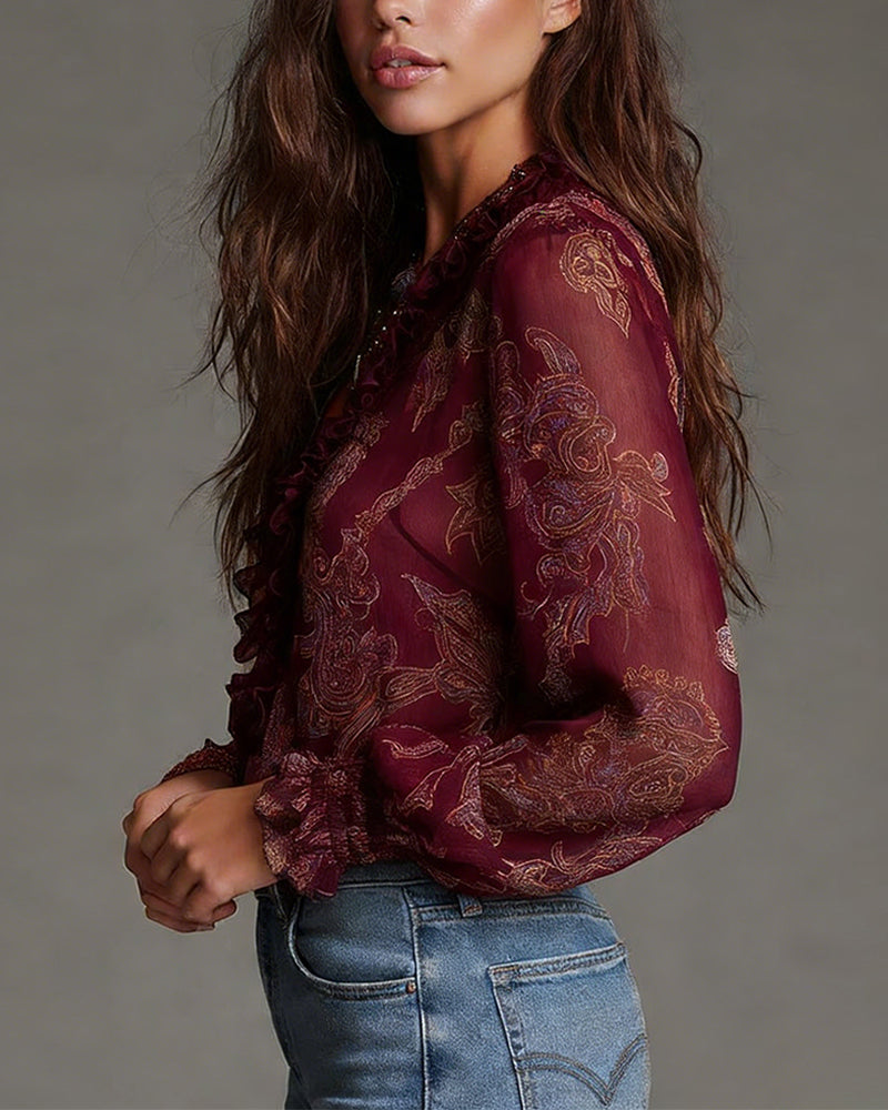 Demi-Zip Ruffled Retro Blouse