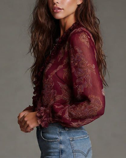 Demi-Zip Ruffled Retro Blouse