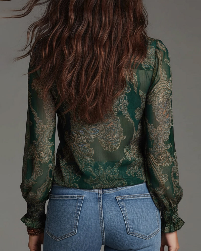 Demi-Zip Ruffled Retro Blouse