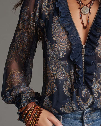 Demi-Zip Ruffled Retro Blouse