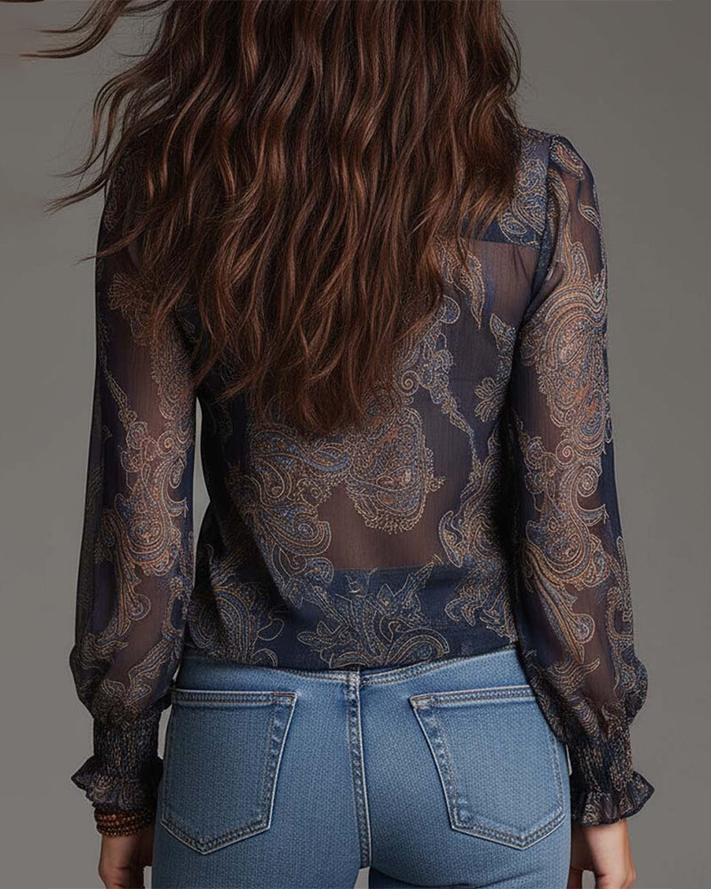 Demi-Zip Ruffled Retro Blouse