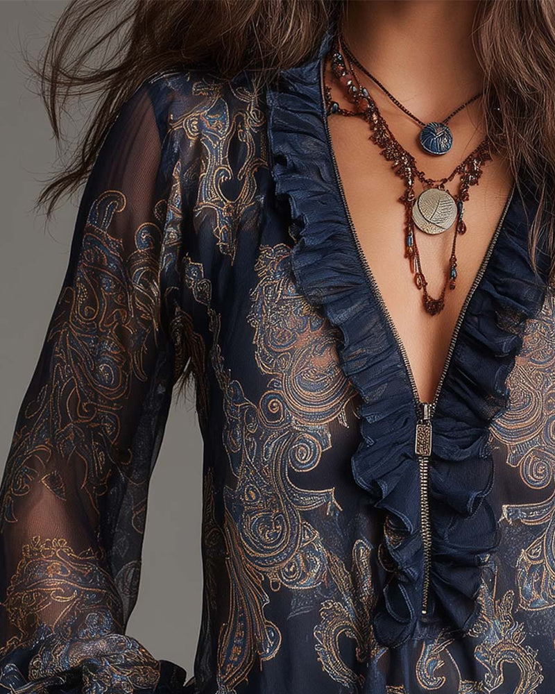 Demi-Zip Ruffled Retro Blouse